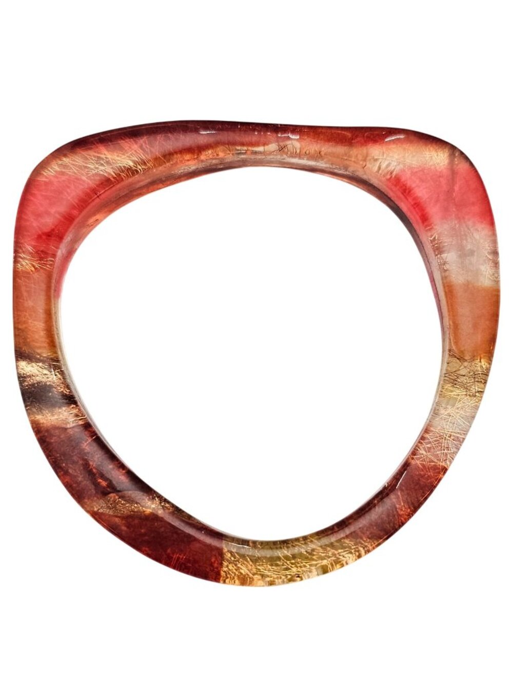 Red Orange Clear Copper Confetti Lucite Bangle Swirled Triangular Bracelet J705